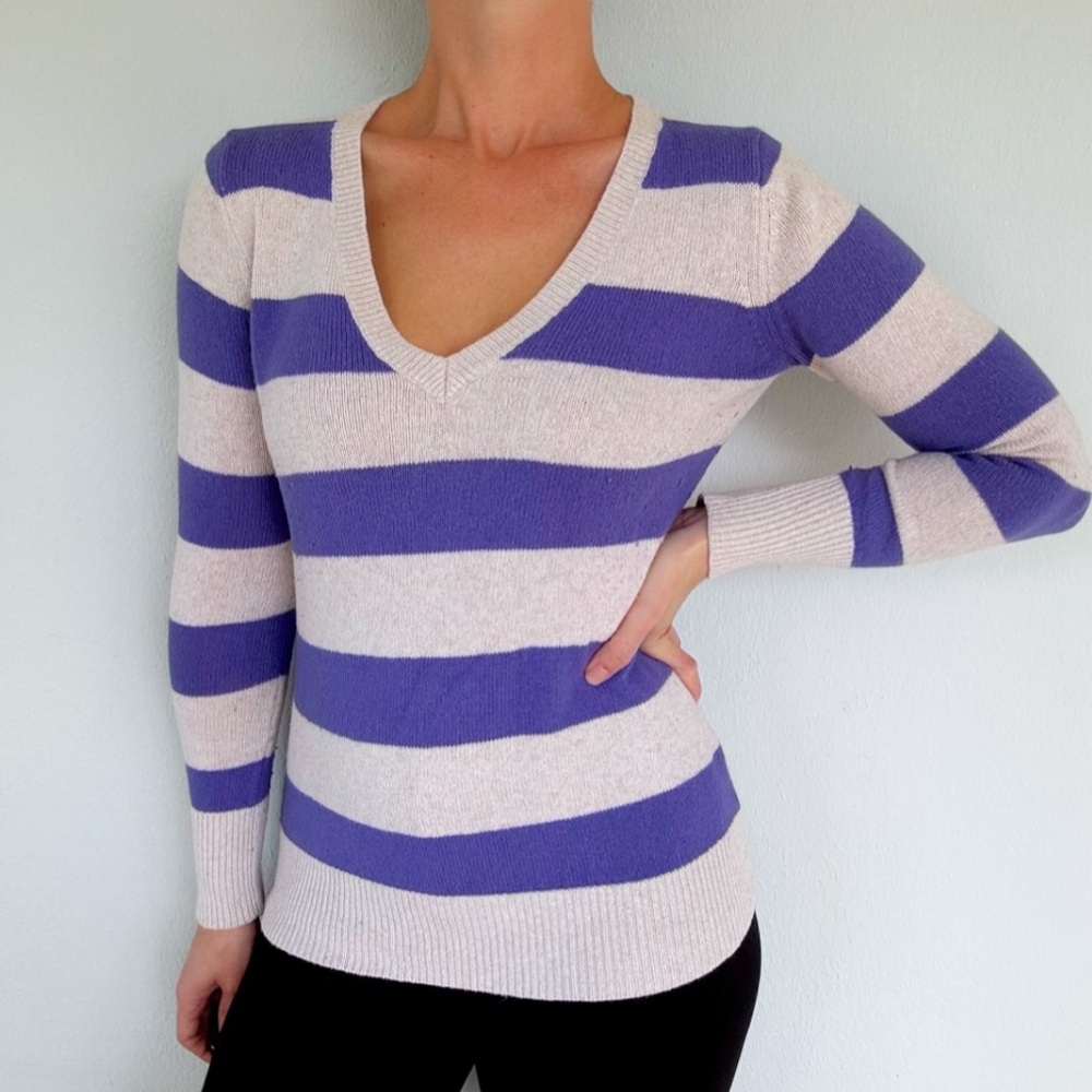 Old Navy purple cream stripe v-neck rabbit hair sweater size small